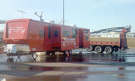 This very nice RJ Corman mobile station appeared in the Madisonville Lowes parking lot soon after the ice storm struck the Ohio Valley.  It is speculated that the Corman crew was installing and maintaining generators for CSX.  Photo by Bill Thomas