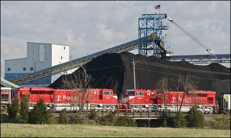 I caught these two newly painted INRD engines on LGE2 loading at Warrior Coal in Madisonville, Ky today, April 2, 2009. (Photo by Jim Pearson)