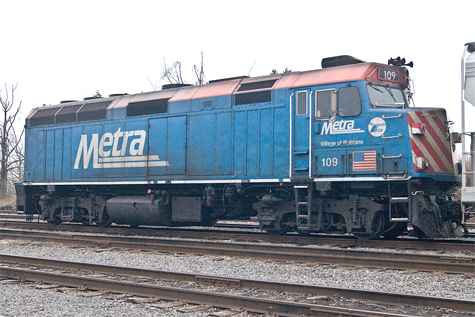 Metra 109 GM EMD F40PH diesel-electric locomotive "Village of Robbins" sits at West Yards, Madisonville, Ky on March 16, 2009 headed for the VMV Paducah-bilt shops at Paducah. It was built in 1977 and is rated at 3,200 horsepower. (Photo by Jim Pearson)