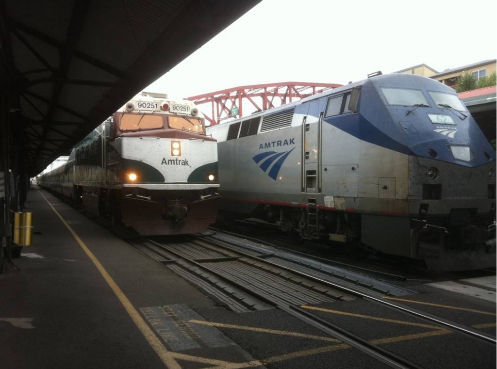 Empire Builder #27 west bound and Amtrak Cascades #501 from Vancouver, BC arrive at Portland, OR on August 9, 2011. Photos by Bill Corum who was traveling on the Empire Builder.