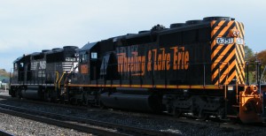 Even Class II RR’s trade power. Here, Wheeling & Lake Erie is found on NS tracks in Elkhart IN. 10/29/11 -Matt Gentry