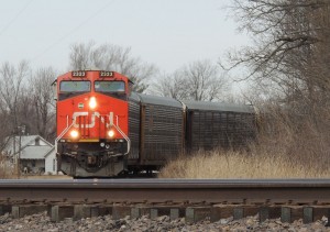 A southbound CN switches onto Union Pacific’s Chester Sub. at Gorham IL on February 18, 2014 -Thomas Bryan