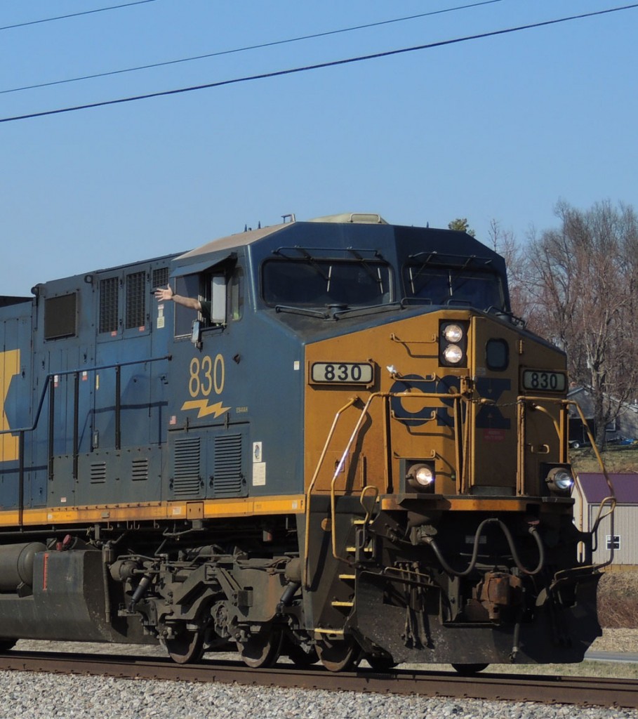Several of us meet at Sebree for an afternoon of train watching and camaraderie on Thursday March 20th. In 4 hours we saw 10 trains and power from CSX, BNSF, CP, and NS. Here, engineer of CSX #830 gives a strong wave on his way south. -Thomas Bryan