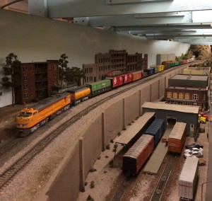 Turbine #65 leads it train of 26 cars downgrade at the California Southern Model RR Club. Downhill was the easy part!